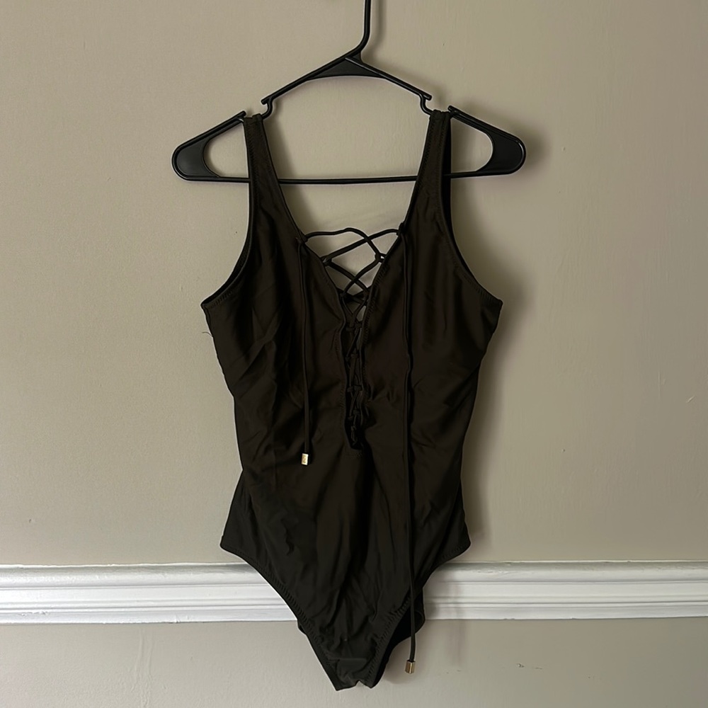 One piece, dark olive green bathing suit (large)